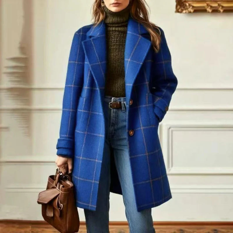 Check Wool Blend Coat – Classic Plaid Longline Women’s Overcoat