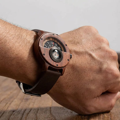 Wood Case Wrist Watch – Unique Compass Dial Statement Design