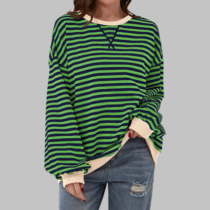 Women’s Striped Sweatshirt – Casual Long Sleeve Round Neck Pullover