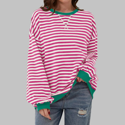 Women’s Striped Sweatshirt – Casual Long Sleeve Round Neck Pullover