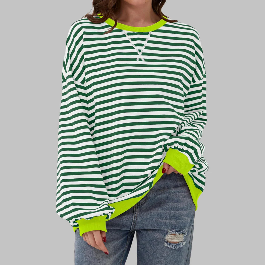 Women’s Striped Sweatshirt – Casual Long Sleeve Round Neck Pullover