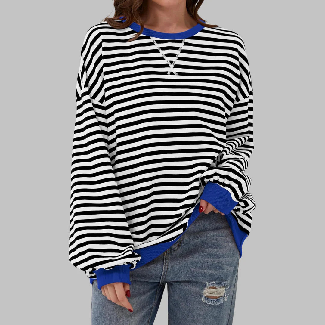 Women’s Striped Sweatshirt – Casual Long Sleeve Round Neck Pullover