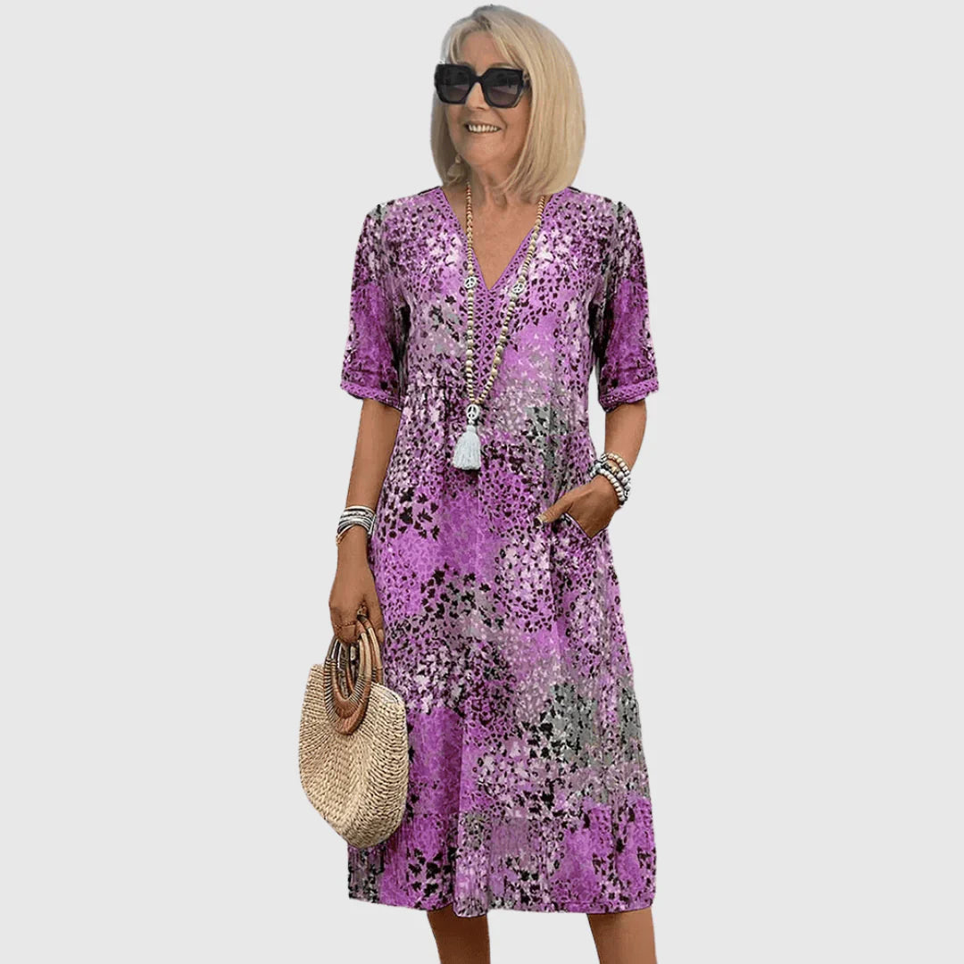 Ocean Breeze Midi Dress – V-Neck Printed Pocket Dress for Everyday Comfort