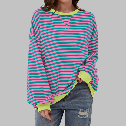 Women’s Striped Sweatshirt – Casual Long Sleeve Round Neck Pullover