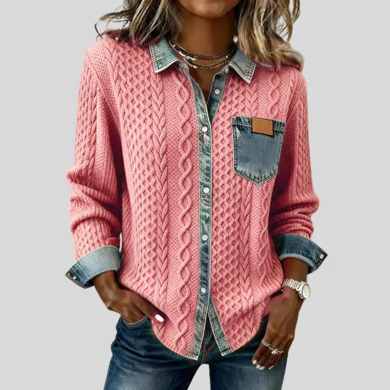 Denim Patchwork Shirt – Cable Knit Button-Up Casual Top for Everyday Wear