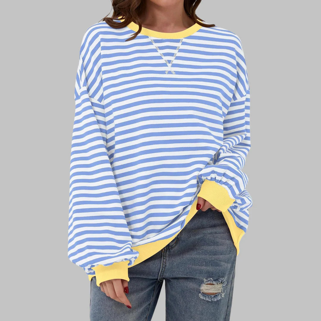Women’s Striped Sweatshirt – Casual Long Sleeve Round Neck Pullover