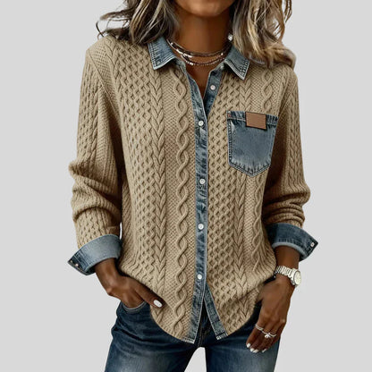 Denim Patchwork Shirt – Cable Knit Button-Up Casual Top for Everyday Wear