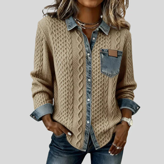 Denim Patchwork Shirt – Cable Knit Button-Up Casual Top for Everyday Wear
