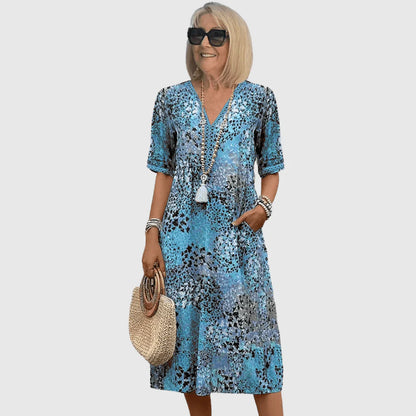 Ocean Breeze Midi Dress – V-Neck Printed Pocket Dress for Everyday Comfort
