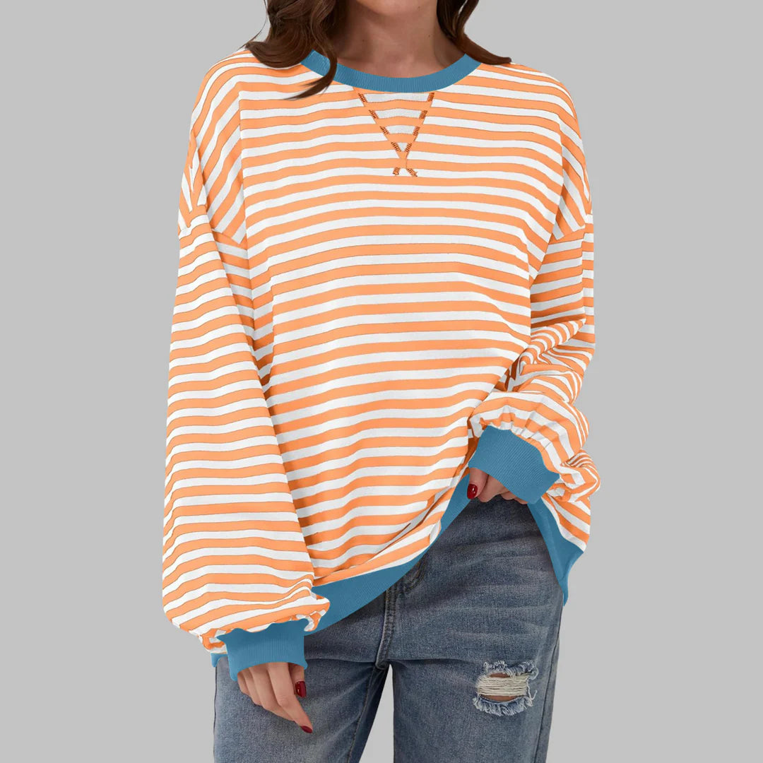 Women’s Striped Sweatshirt – Casual Long Sleeve Round Neck Pullover