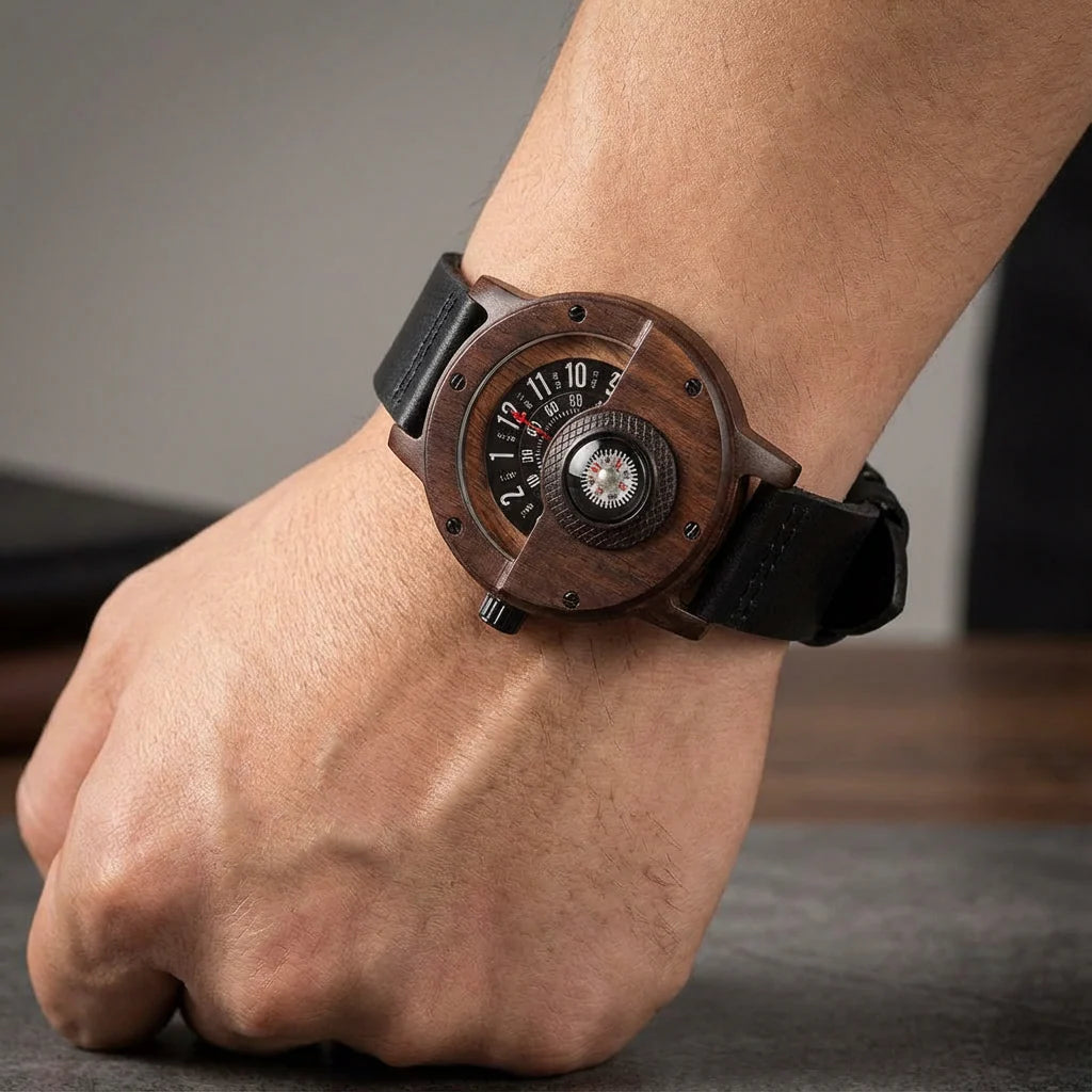 Wood Case Wrist Watch – Unique Compass Dial Statement Design