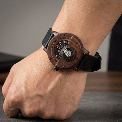 Wood Case Wrist Watch – Unique Compass Dial Statement Design
