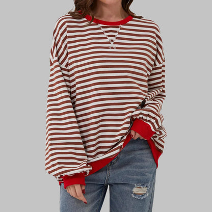 Women’s Striped Sweatshirt – Casual Long Sleeve Round Neck Pullover