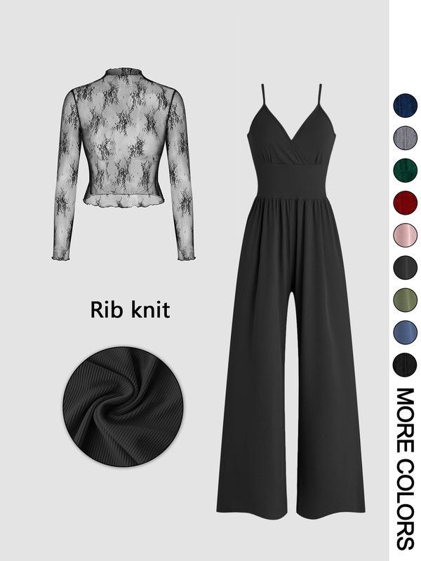 Lace Top & Wide-Leg Jumpsuit Set – Ribbed Knit Two-Piece Outfit