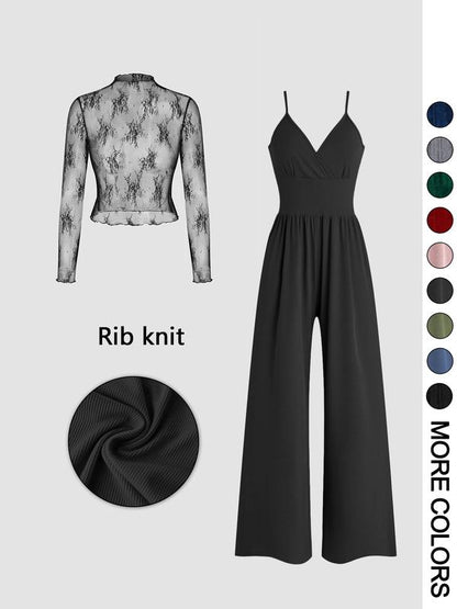 Lace Top & Wide-Leg Jumpsuit Set – Ribbed Knit Two-Piece Outfit