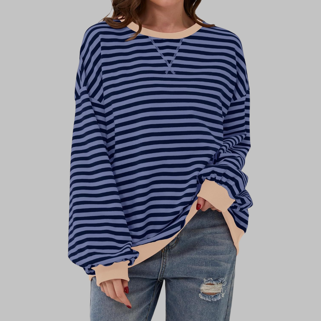 Women’s Striped Sweatshirt – Casual Long Sleeve Round Neck Pullover
