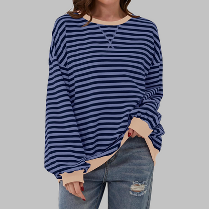 Women’s Striped Sweatshirt – Casual Long Sleeve Round Neck Pullover