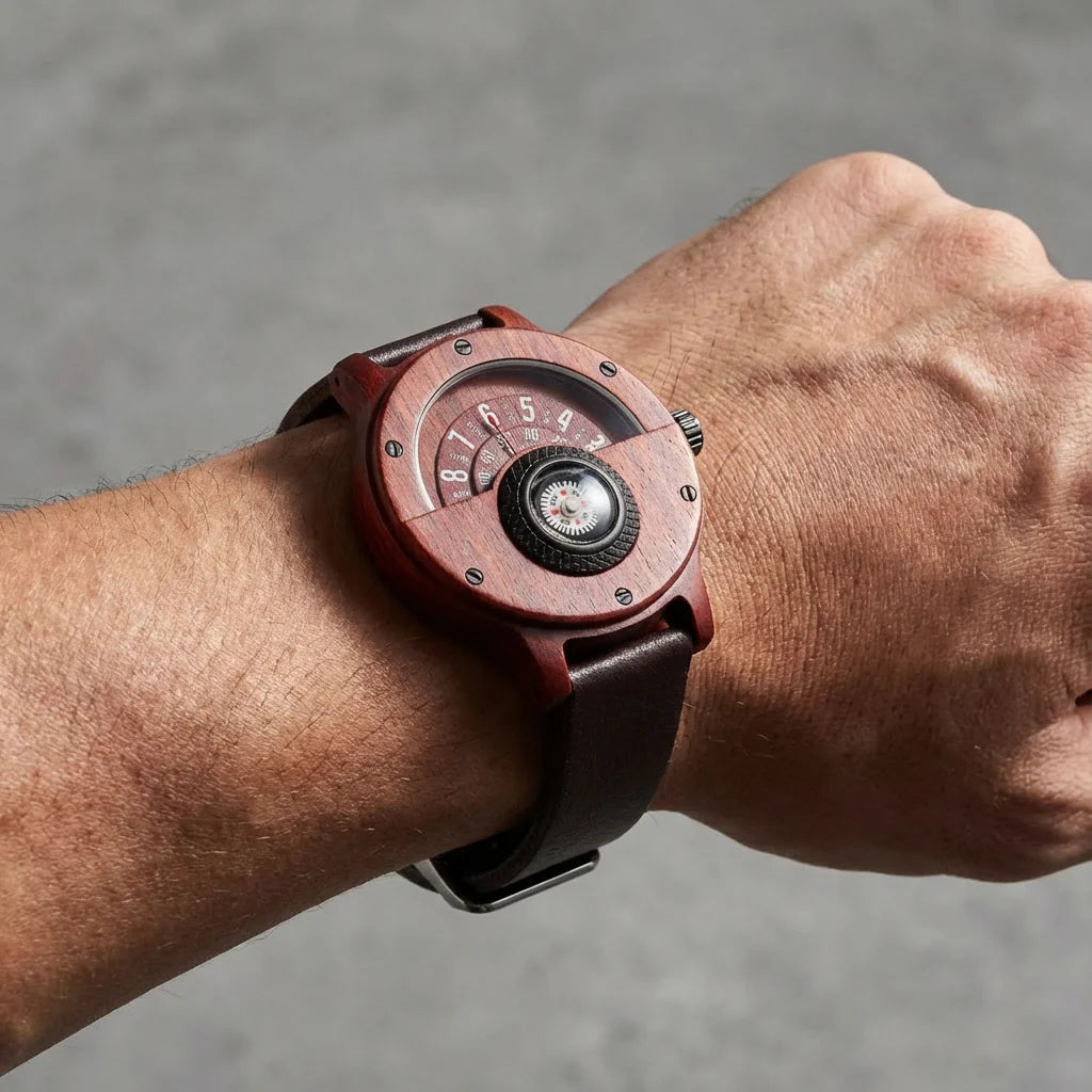 Wood Case Wrist Watch – Unique Compass Dial Statement Design
