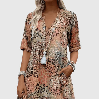 Ocean Breeze Midi Dress – V-Neck Printed Pocket Dress for Everyday Comfort
