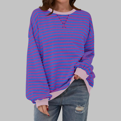 Women’s Striped Sweatshirt – Casual Long Sleeve Round Neck Pullover