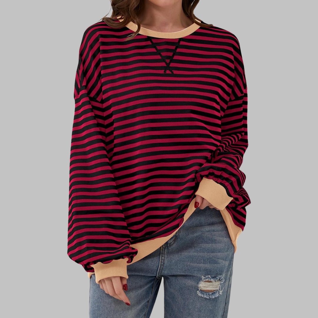 Women’s Striped Sweatshirt – Casual Long Sleeve Round Neck Pullover