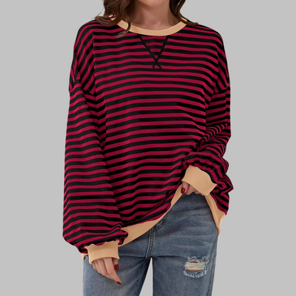 Women’s Striped Sweatshirt – Casual Long Sleeve Round Neck Pullover