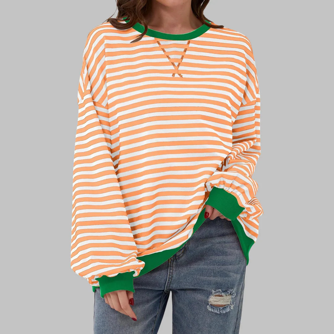Women’s Striped Sweatshirt – Casual Long Sleeve Round Neck Pullover