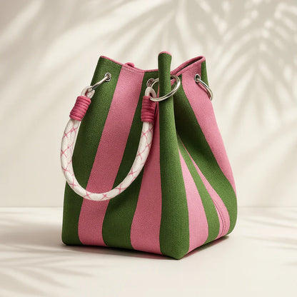 Striped Bucket Bag – Colorblock Rope Handle Shoulder Tote Bag