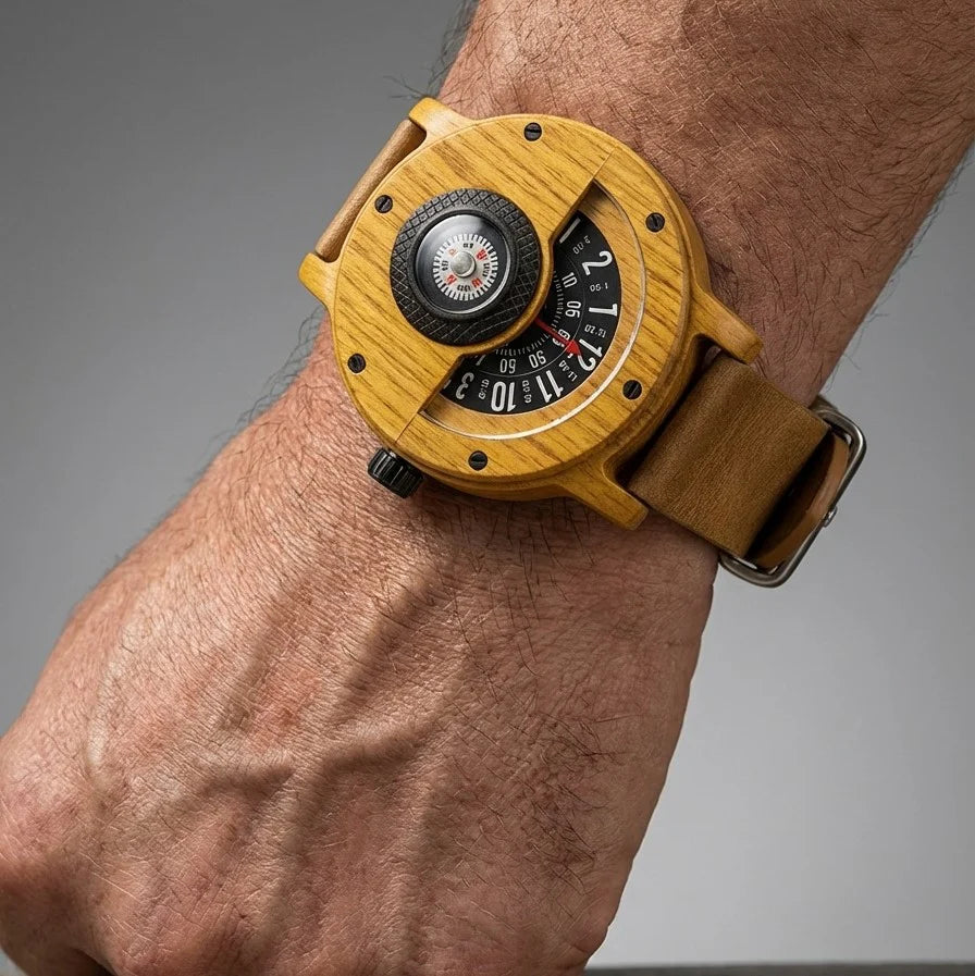 Wood Case Wrist Watch – Unique Compass Dial Statement Design