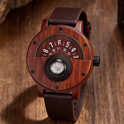 Wood Case Wrist Watch – Unique Compass Dial Statement Design