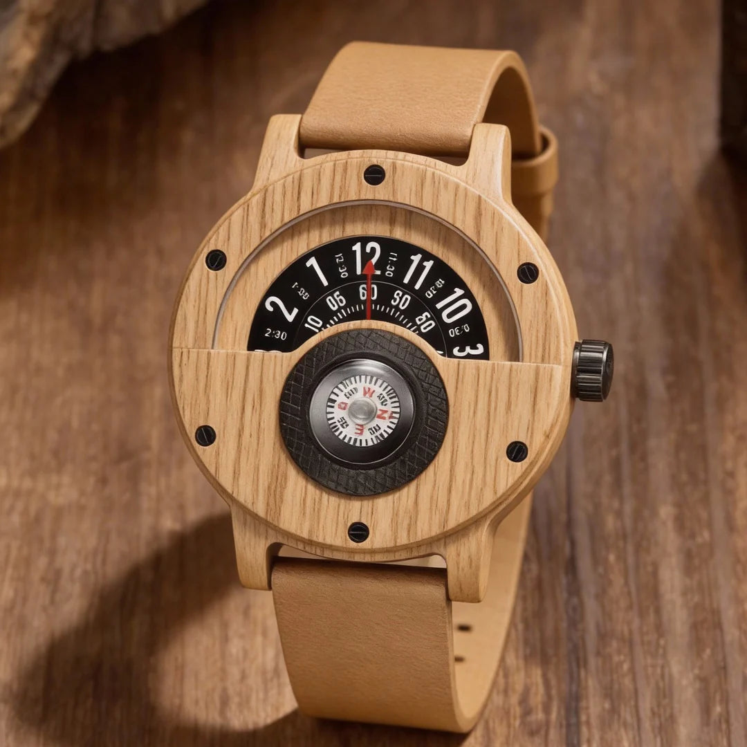 Wood Case Wrist Watch – Unique Compass Dial Statement Design