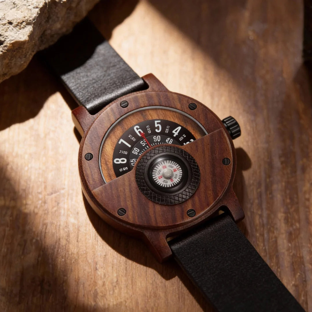Wood Case Wrist Watch – Unique Compass Dial Statement Design