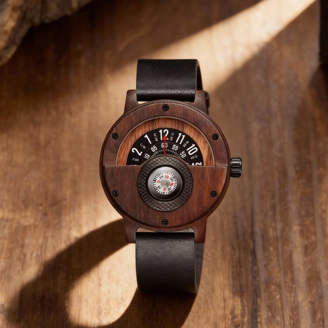 Wood Case Wrist Watch – Unique Compass Dial Statement Design