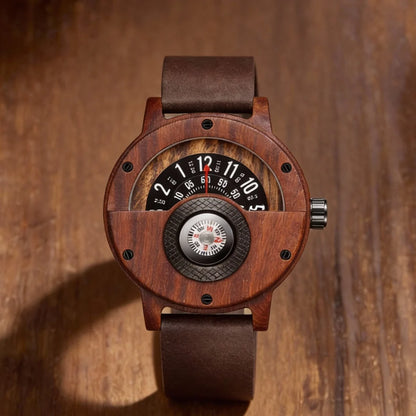 Wood Case Wrist Watch – Unique Compass Dial Statement Design