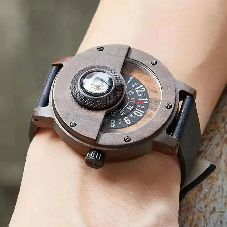 Wood Case Wrist Watch – Unique Compass Dial Statement Design