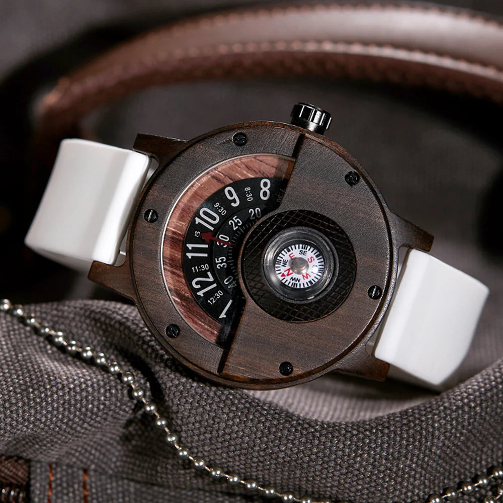 Wood Case Wrist Watch – Unique Compass Dial Statement Design