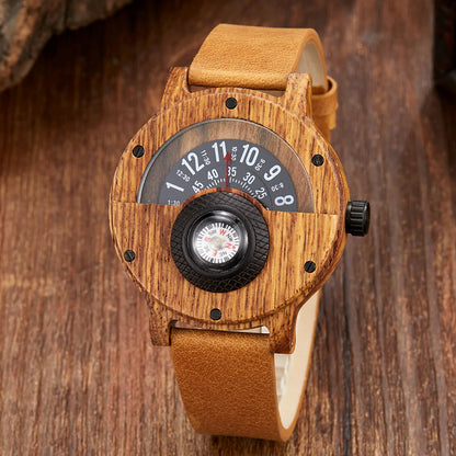 Wood Case Wrist Watch – Unique Compass Dial Statement Design