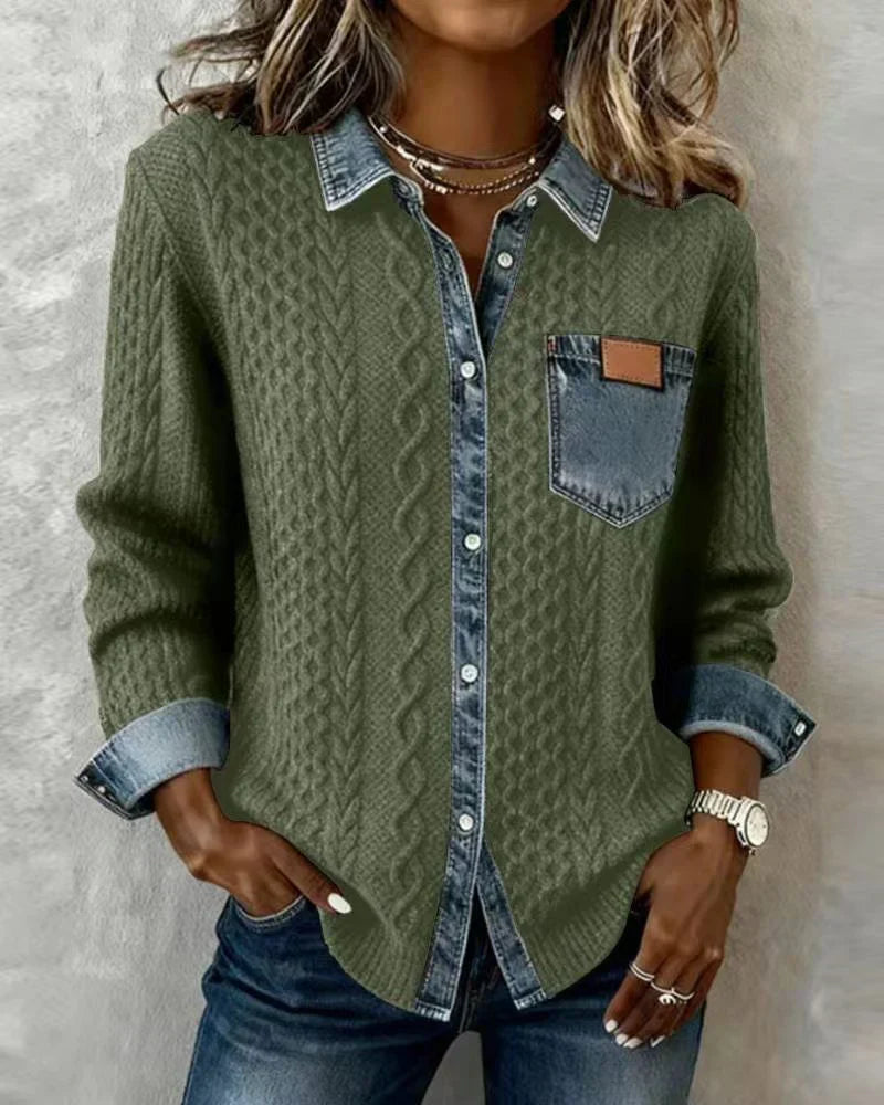 Denim Patchwork Shirt – Cable Knit Button-Up Casual Top for Everyday Wear