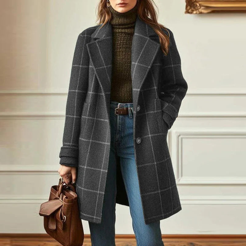 Check Wool Blend Coat – Classic Plaid Longline Women’s Overcoat