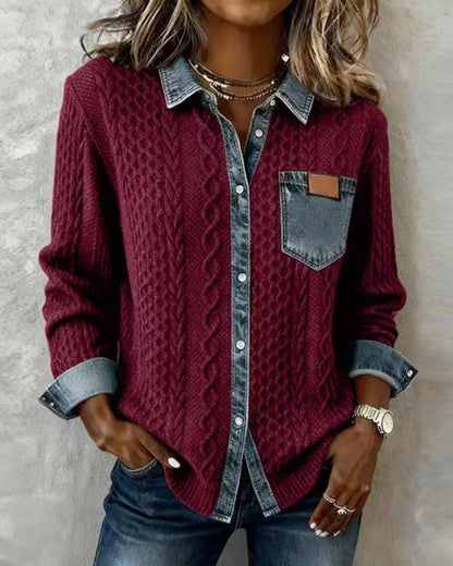 Denim Patchwork Shirt – Cable Knit Button-Up Casual Top for Everyday Wear