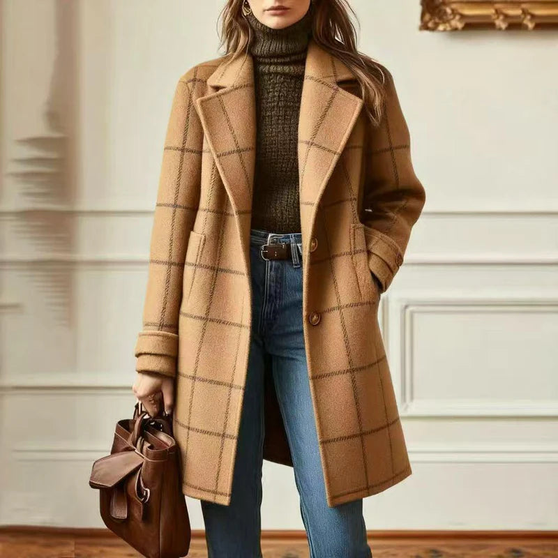 Check Wool Blend Coat – Classic Plaid Longline Women’s Overcoat