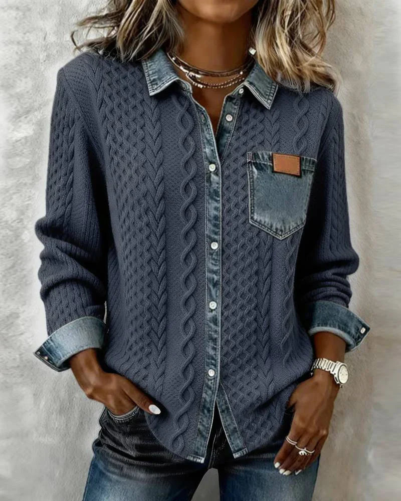 Denim Patchwork Shirt – Cable Knit Button-Up Casual Top for Everyday Wear