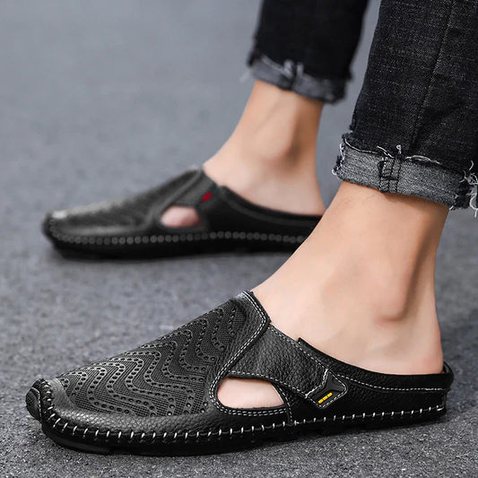 Men’s Breathable Leather Sandals – Slip-On Casual Comfort Shoes