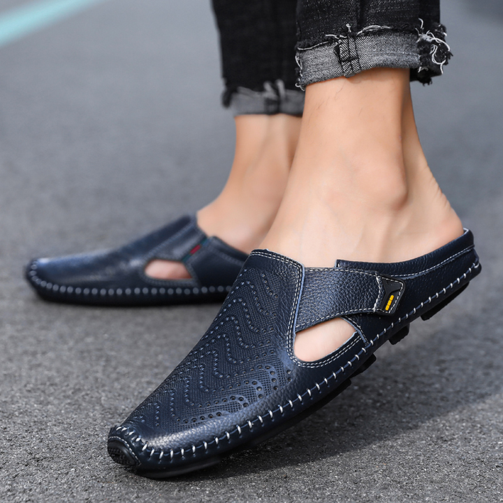 Men’s Breathable Leather Sandals – Slip-On Casual Comfort Shoes