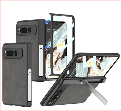 Magnetic Folding Hinge All-Inclusive Leather Case with Tempered Film for Google Pixel Fold - Damped Folding Bracket - FonKayz