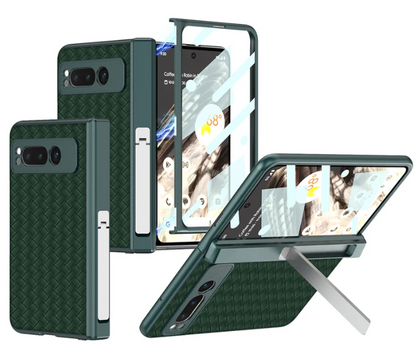 Magnetic All-Inclusive Woven Pattern Case with Tempered Film for Google Pixel Fold - Damped Folding Bracket - FonKayz