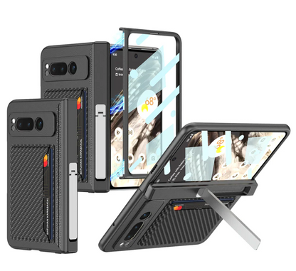 Magnetic Folding All-Inclusive Leather Case with Tempered Film for Google Pixel Fold - Damped Folding Bracket & Card Holder - FonKayz