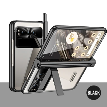 Electroplated Transparent Google Pixel Fold Case with Dual Hinge Protector, Screen Protector, Hidden Kickstand, Pen Slot & Free Stylus - FonKayz