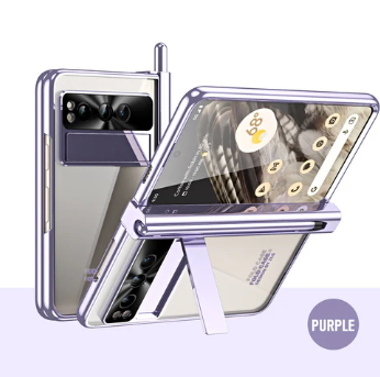 Electroplated Transparent Google Pixel Fold Case with Dual Hinge Protector, Screen Protector, Hidden Kickstand, Pen Slot & Free Stylus - FonKayz