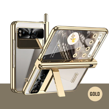 Electroplated Transparent Google Pixel Fold Case with Dual Hinge Protector, Screen Protector, Hidden Kickstand, Pen Slot & Free Stylus - FonKayz